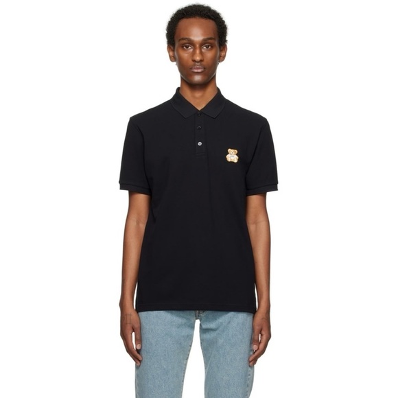 Moschino Couture Men's Teddy Bear Patch Polo Shirt Black Short Sleeve Sz 42 NWT - Picture 3 of 11